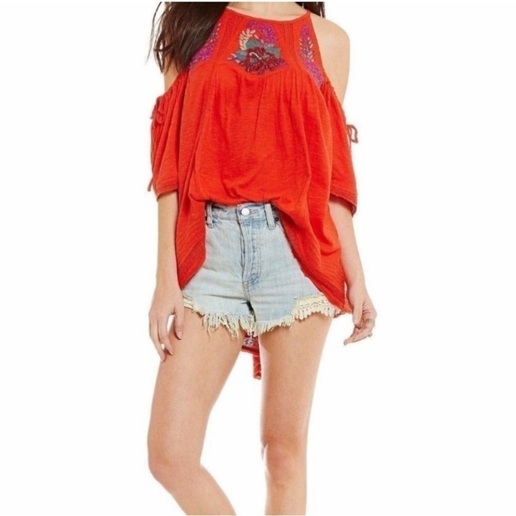 CLEARANCE FREE PEOPLE FAST TIMES EMBROIDERED BEADED FLOWY TOP RED MEDIUM - Picture 3 of 13